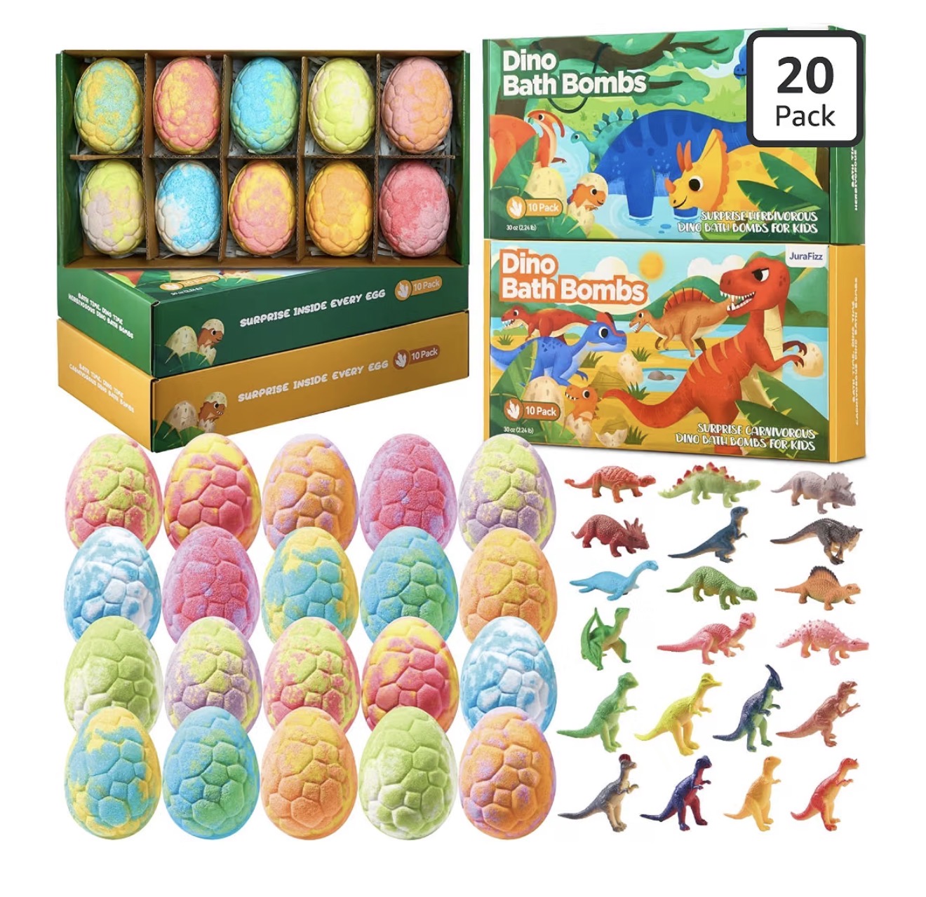 Dino Bath Bombs — 20 Pack with Surprise Dinosaur Toys