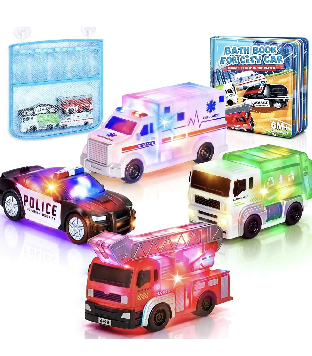 Light-Up Bath Toy Cars — 4 Pack with Bath Book & Mesh Bag